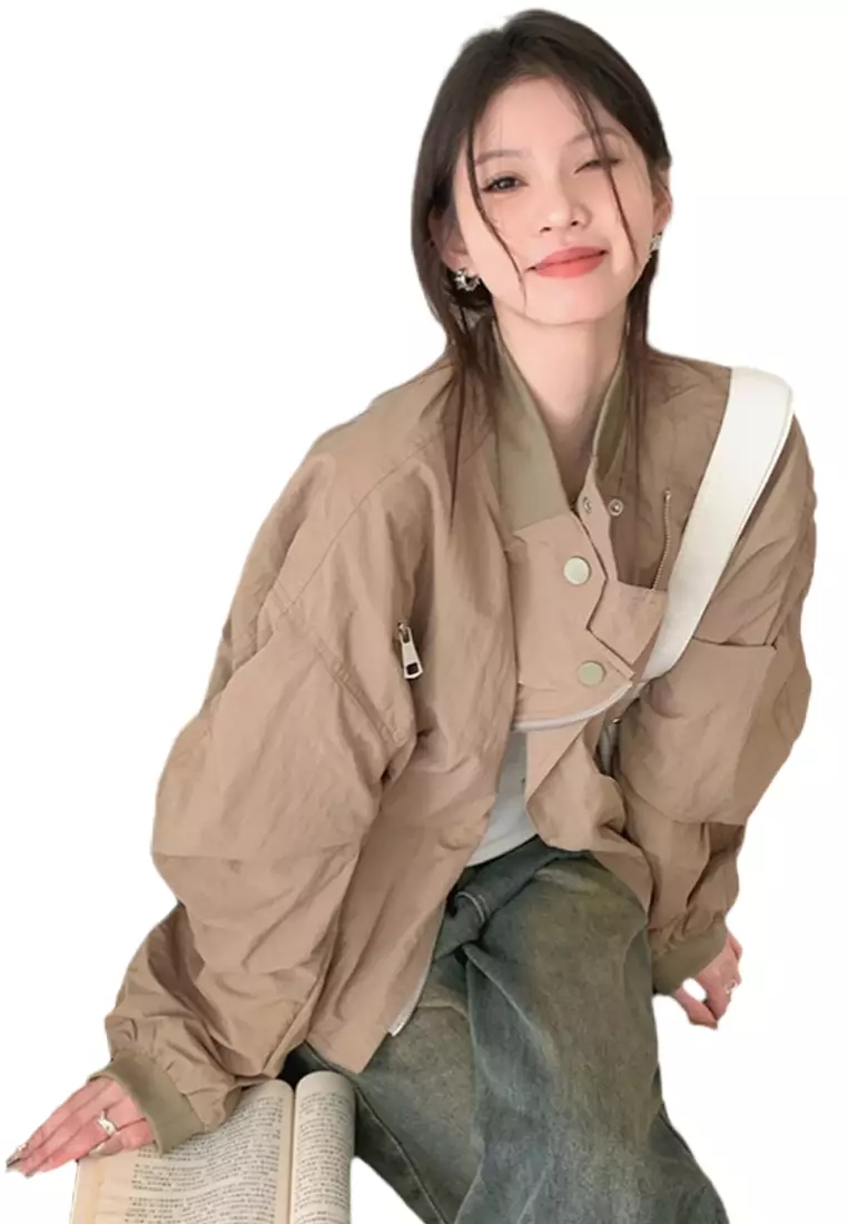 Stand up collar zipper solid color jacket CA24092327BK