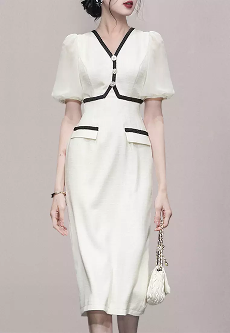 2024 Summer New Fashionable and Elegant V-neck Lantern Sleeve Dress CA061395