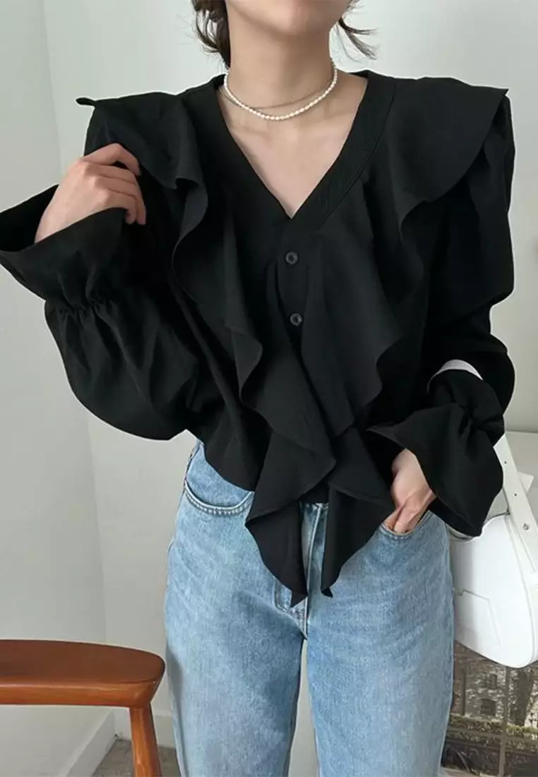 French fashion trumpet sleeve versatile top CA24092743BK