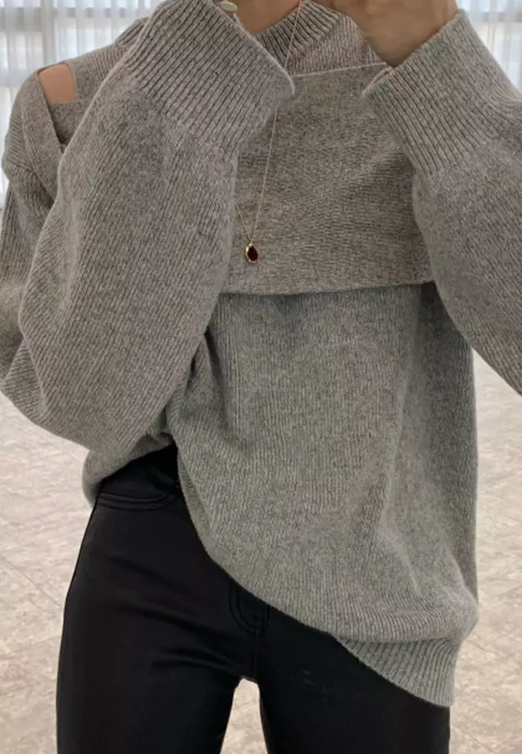 Korean style spliced loose long sleeved knitted sweater CA24092727GY