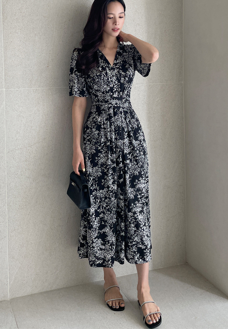 French style ink printed lace up dress CA25032714BK