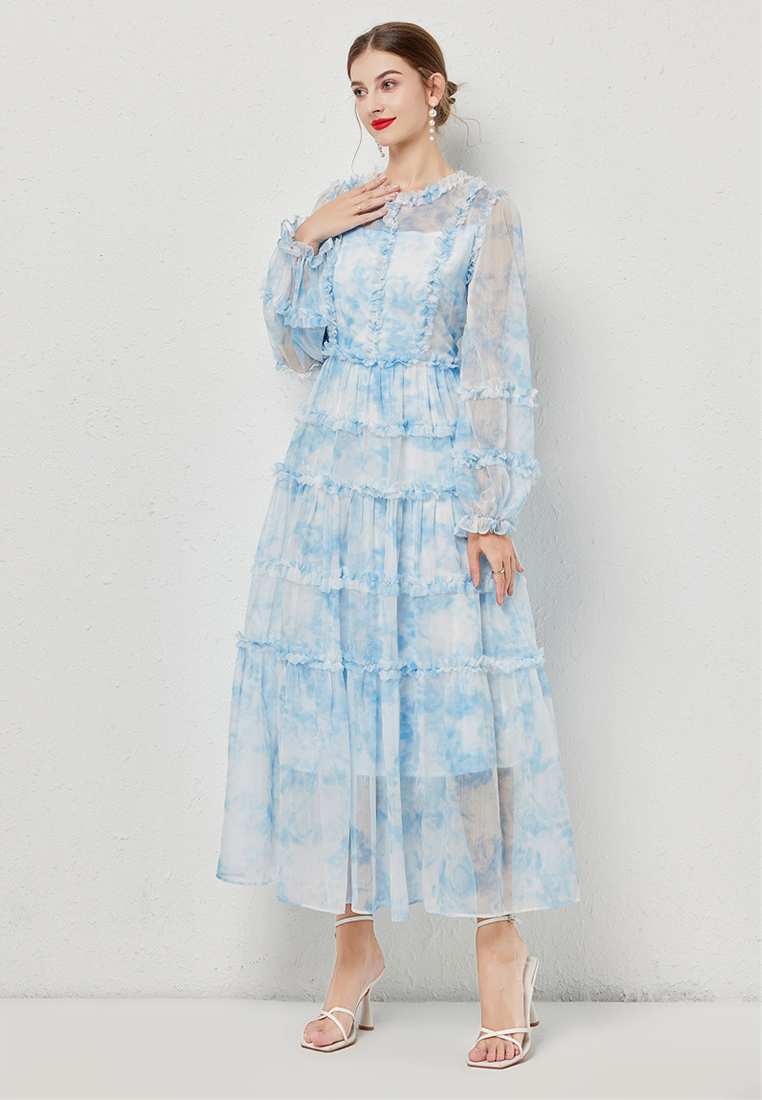 Temperament round neck A-line print dress CA24031908