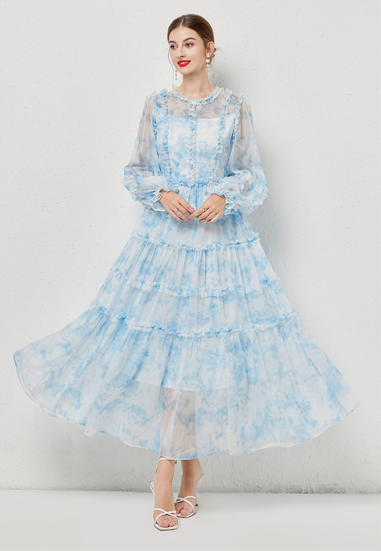 Temperament round neck A-line print dress CA24031908