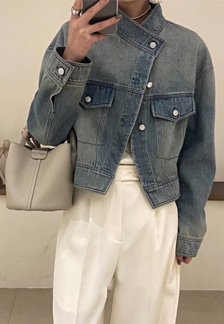 Autumn new vintage stand-up collar cardigan single-breasted denim jacket CA110208