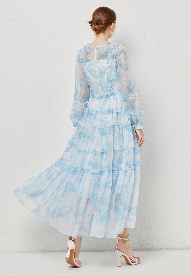 Temperament round neck A-line print dress CA24031908