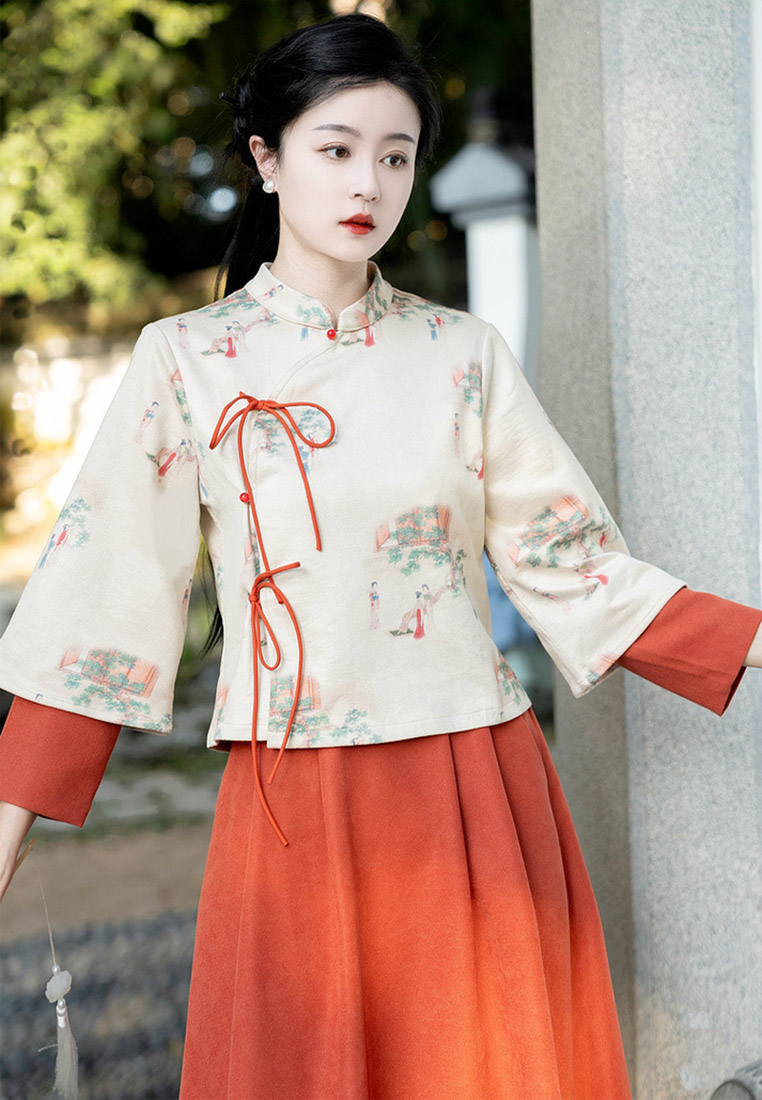 Cheongsam loose and warm deerskin fluff retro two-piece set CA011008