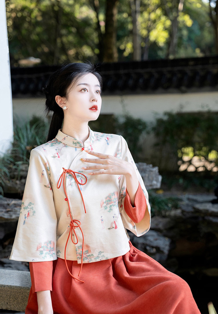 Cheongsam loose and warm deerskin fluff retro two-piece set CA011008