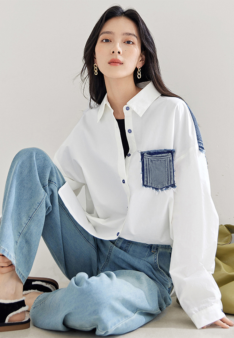 New stylish denim patchwork white shirt CA24030708