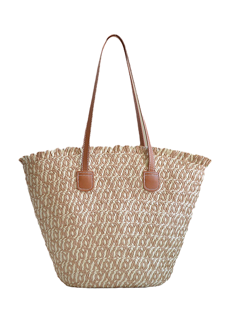Large two-color stitching hand-woven straw bag CA24061708