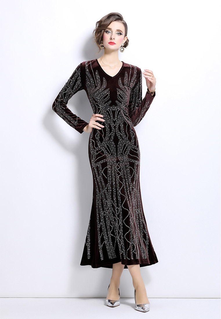 Temperament long sleeved velvet covered hip dress CA241128108BW