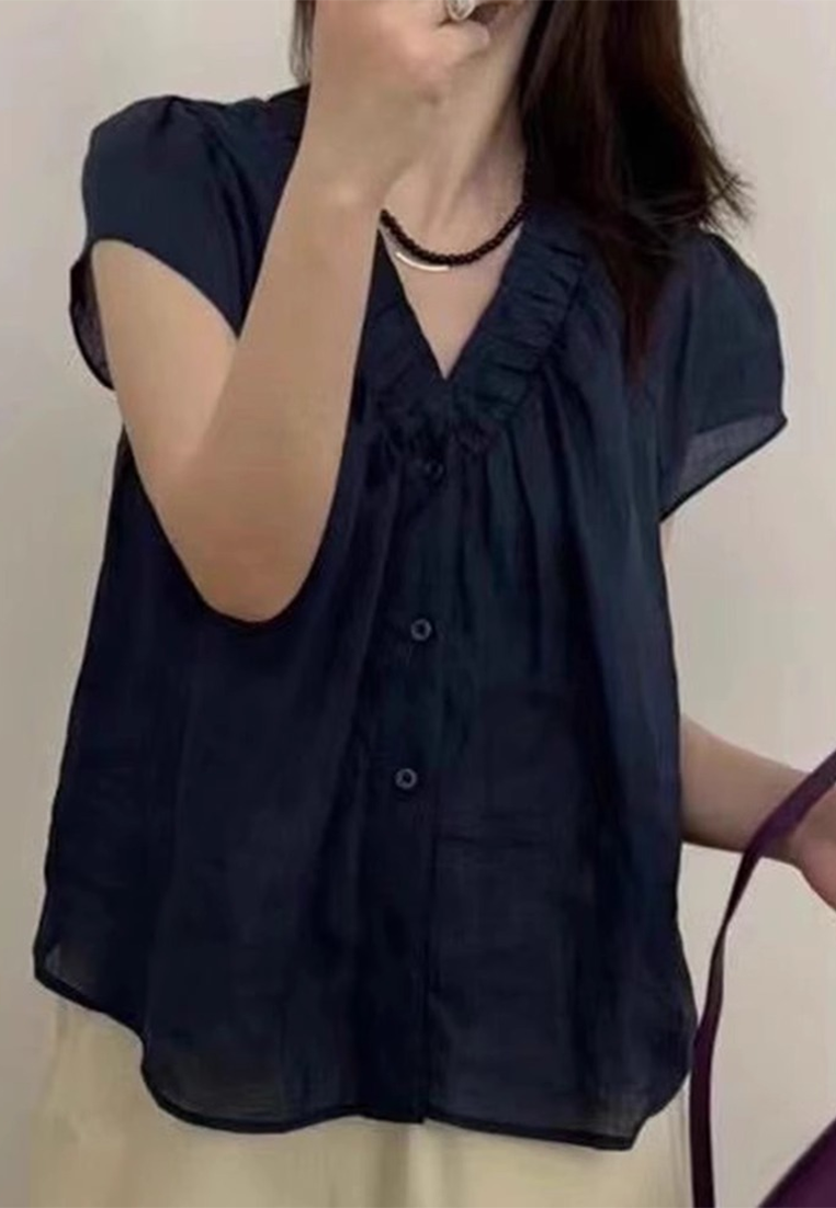 New Summer Korean V-neck Single-breasted Solid Color Top CA25061709BK