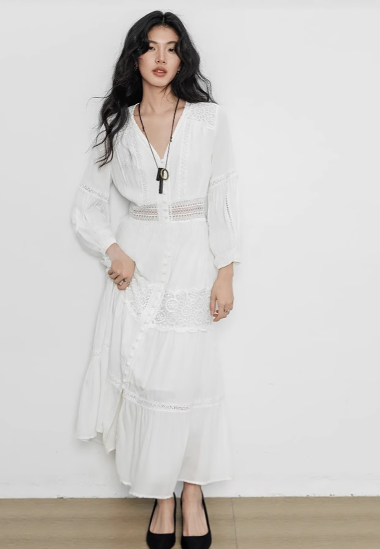 French hollow lace white V-neck puff sleeve fairy dress CA25100908W