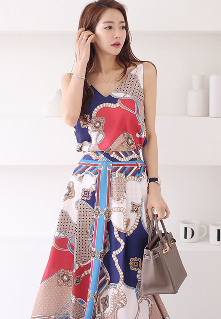 Korean new style sleeveless V-neck strap top fashion print pleated skirt suit CA23032108