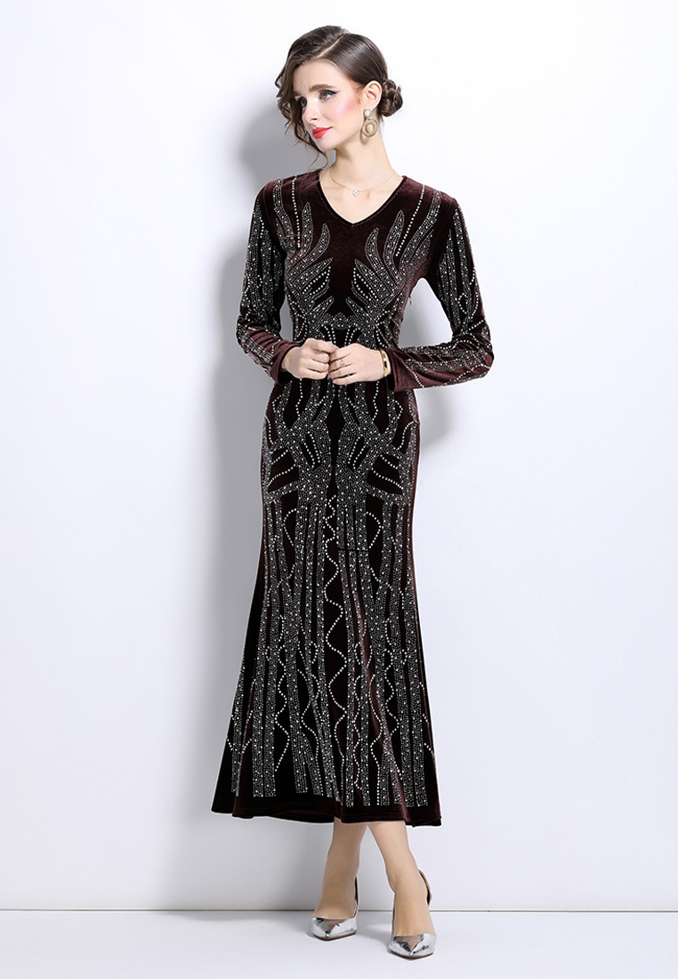 Temperament long sleeved velvet covered hip dress CA241128108BW