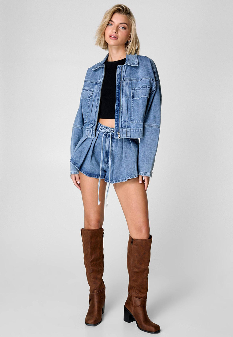 Workwear-style denim jacket + high-waisted loose shorts set CA25091508BL