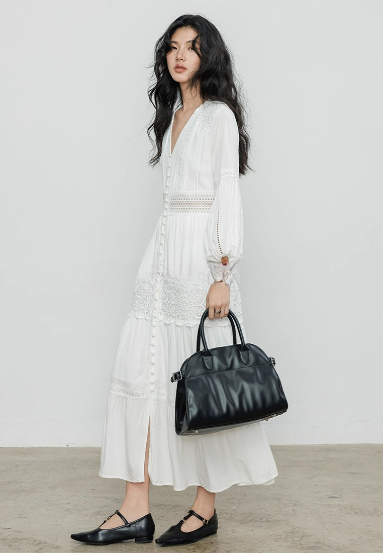 French hollow lace white V-neck puff sleeve fairy dress CA25100908W