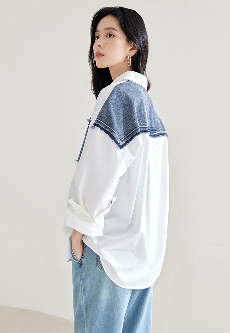 New stylish denim patchwork white shirt CA24030708