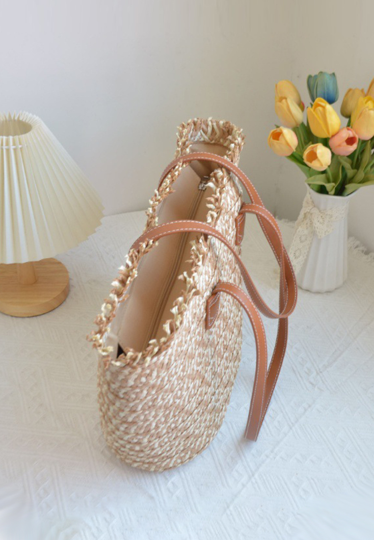Large two-color stitching hand-woven straw bag CA24061708