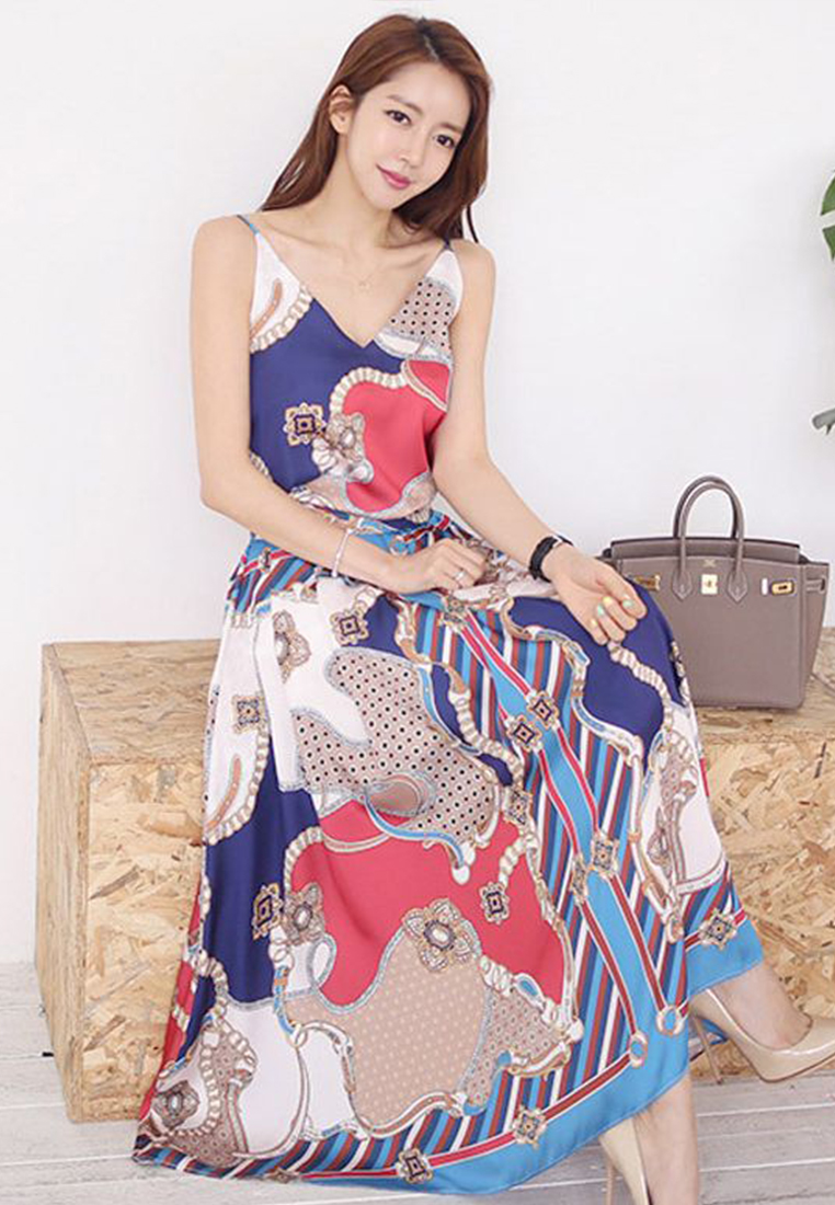 Korean new style sleeveless V-neck strap top fashion print pleated skirt suit CA23032108