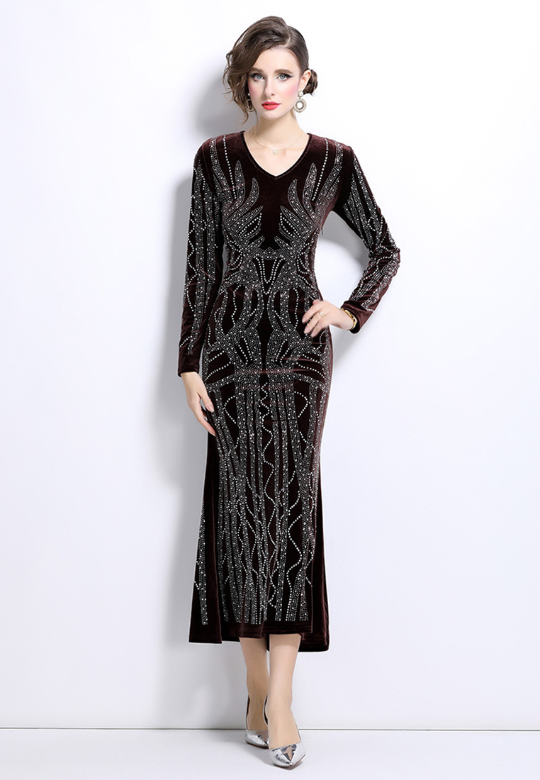 Temperament long sleeved velvet covered hip dress CA241128108BW