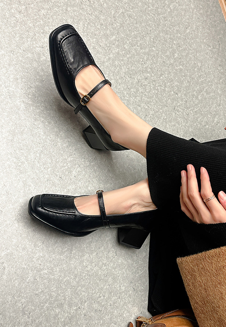 Spring genuine leather square toe thick high heel Mary Jane shoes CA225042208BW