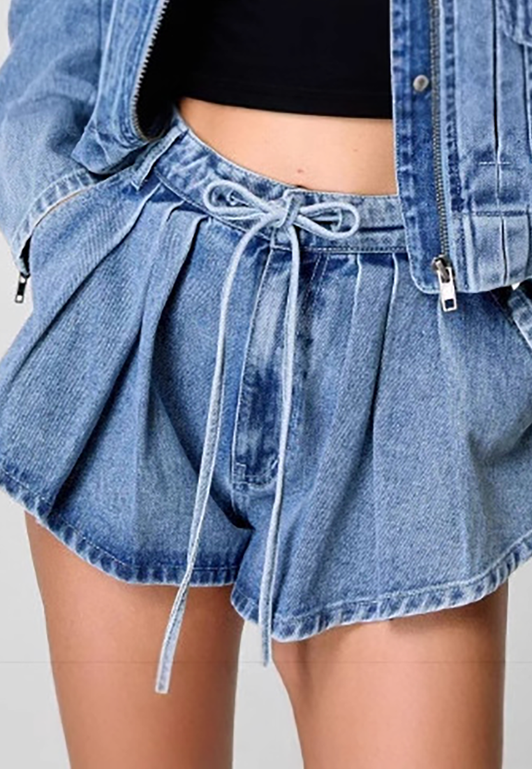 Workwear-style denim jacket + high-waisted loose shorts set CA25091508BL