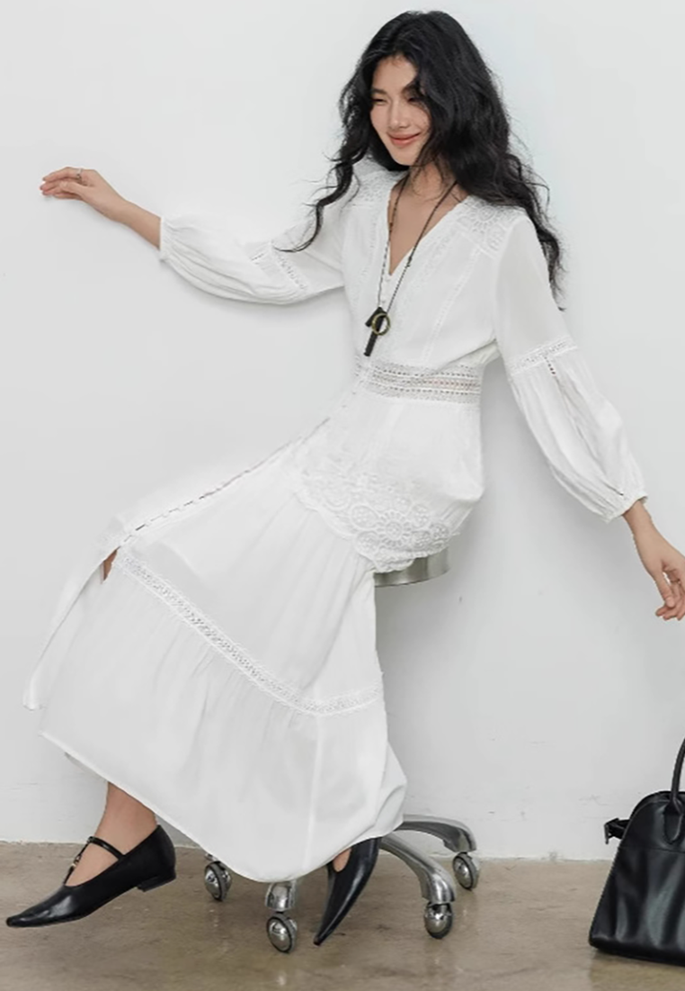 French hollow lace white V-neck puff sleeve fairy dress CA25100908W