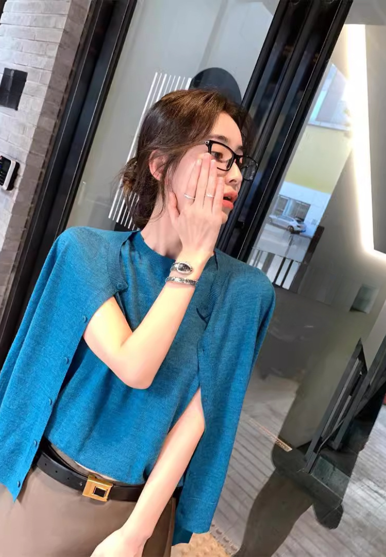 Knitted Off-Shoulder Vest Casual Cardigan Set CA25110308RD