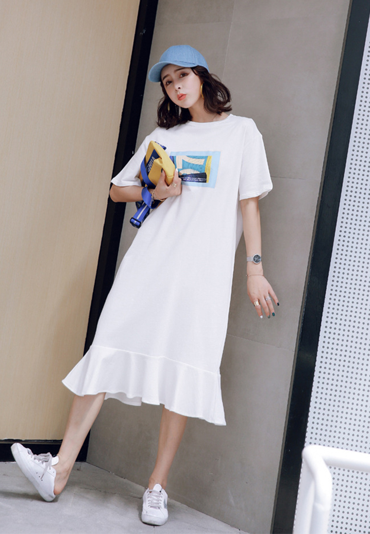 Summer short-sleeved T-shirt skirt loose fishtail dress simple slouchy over the knee 9107