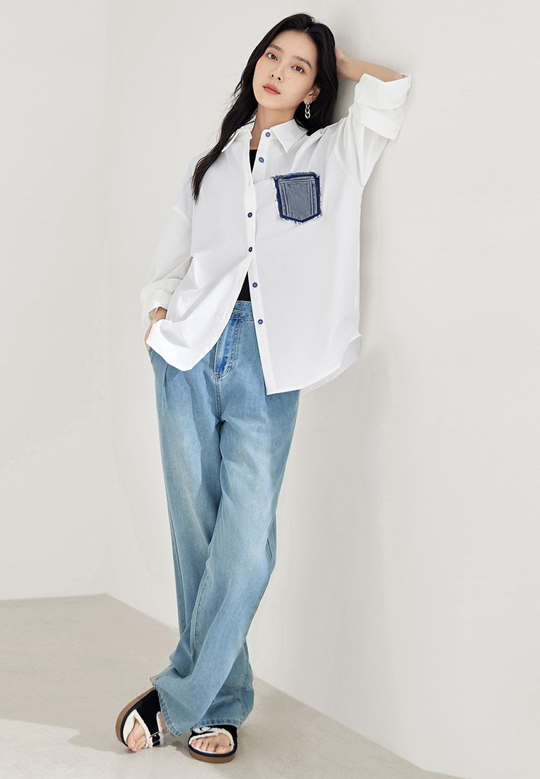 New stylish denim patchwork white shirt CA24030708