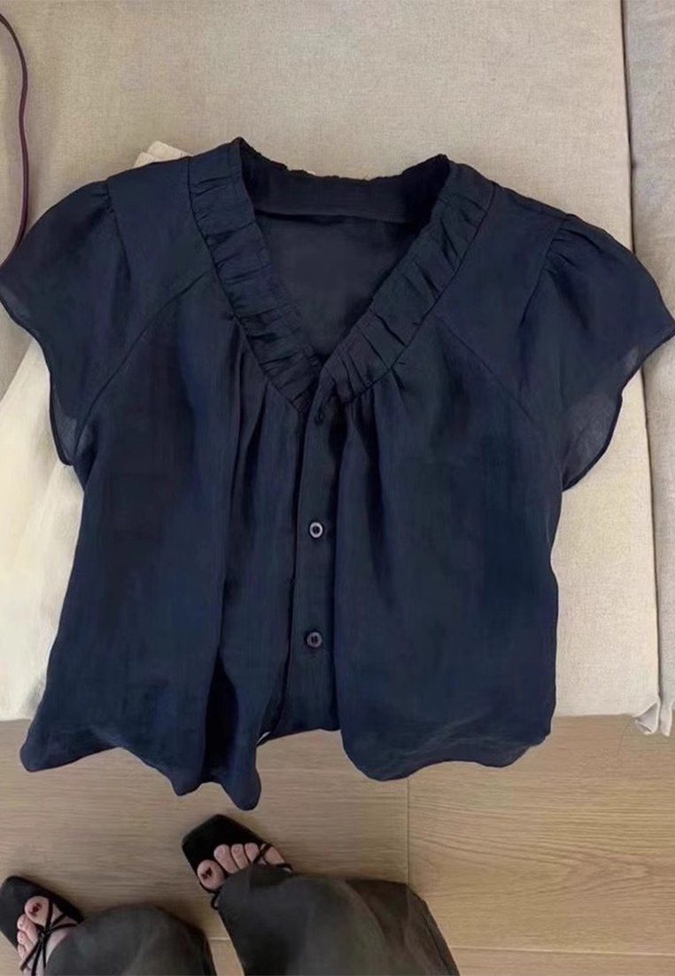 New Summer Korean V-neck Single-breasted Solid Color Top CA25061709BK