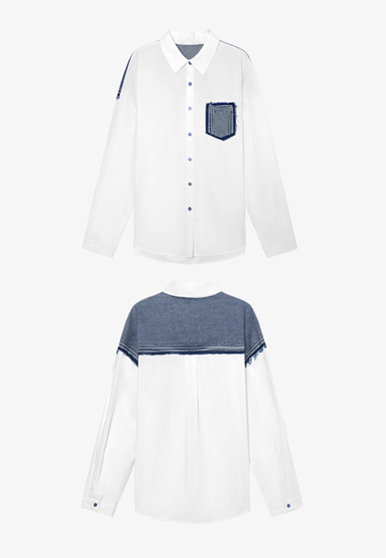 New stylish denim patchwork white shirt CA24030708
