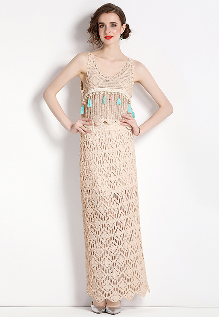 2024 suspender short crochet vest, medium length skirt two-piece set CA4021908W