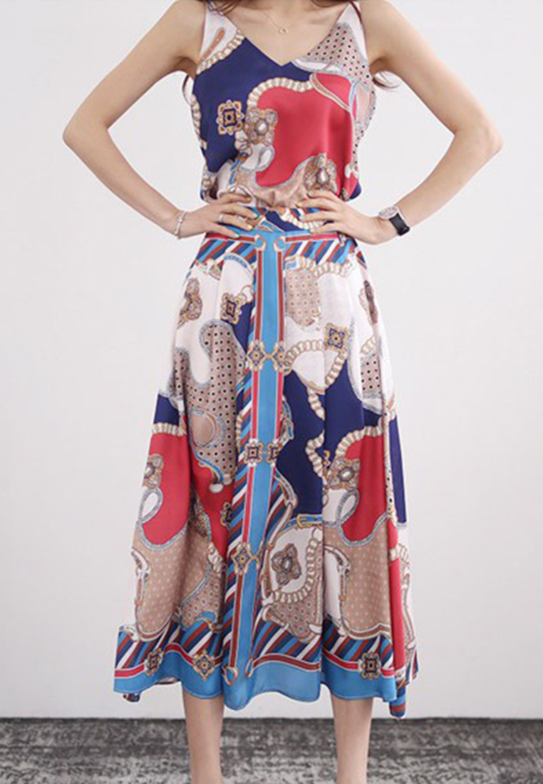 Korean new style sleeveless V-neck strap top fashion print pleated skirt suit CA23032108