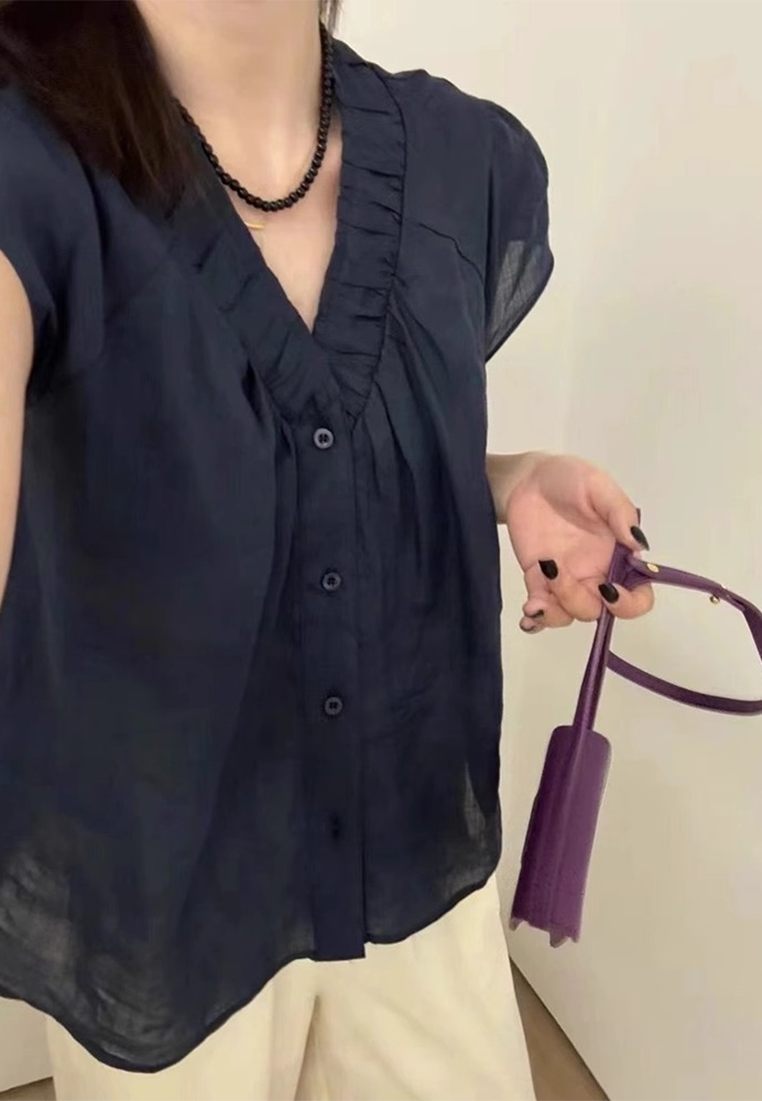 New Summer Korean V-neck Single-breasted Solid Color Top CA25061709BK