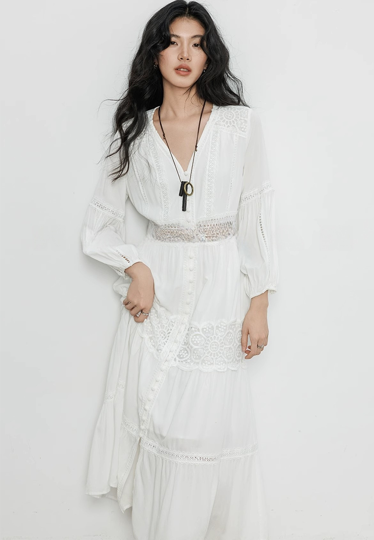 French hollow lace white V-neck puff sleeve fairy dress CA25100908W