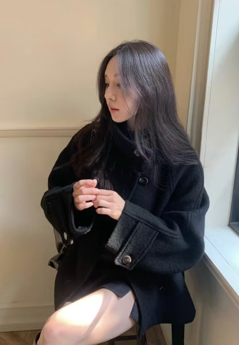 New French style warm stand collar solid color coat CA25102008BK