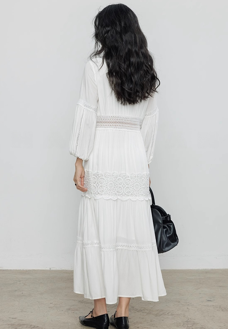 French hollow lace white V-neck puff sleeve fairy dress CA25100908W