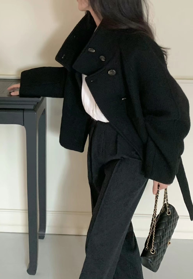 New French style warm stand collar solid color coat CA25102008BK