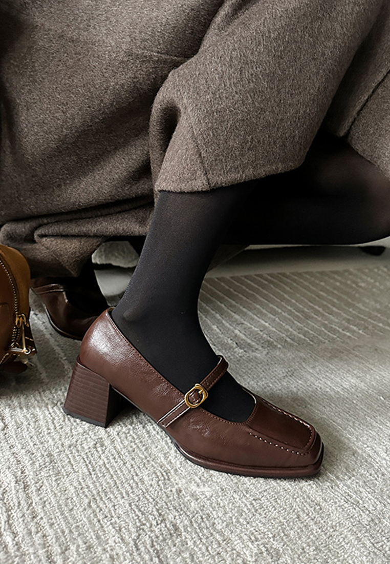 Spring genuine leather square toe thick high heel Mary Jane shoes CA225042208BW