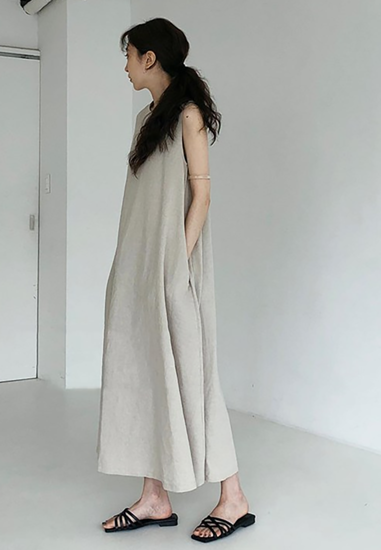 Korean chic cotton and linen loose sleeveless A-line vest dress CA25070931BW