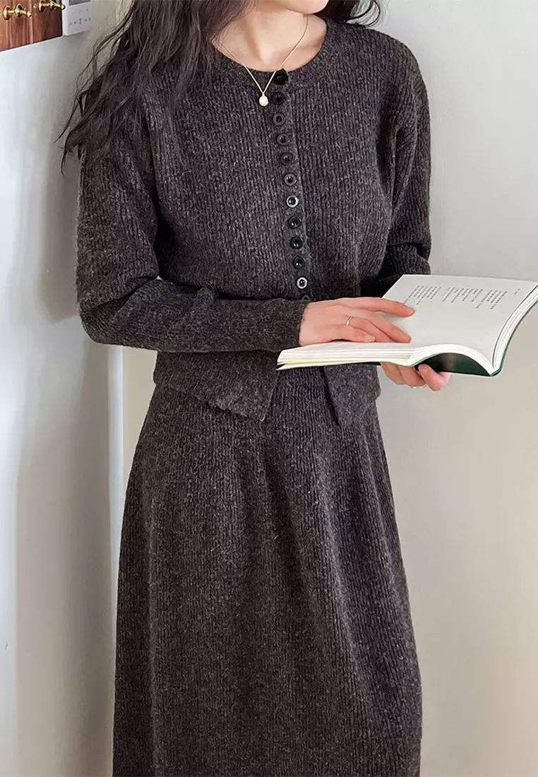 French round neck sweater cardigan skirt set CA24092356GY