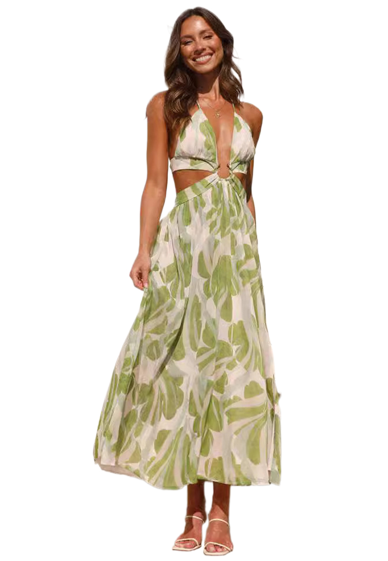 New V-neck backless lace-up printed dress CA225042281GR