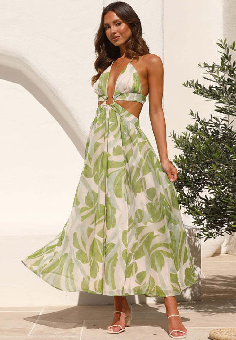 New V-neck backless lace-up printed dress CA225042281GR