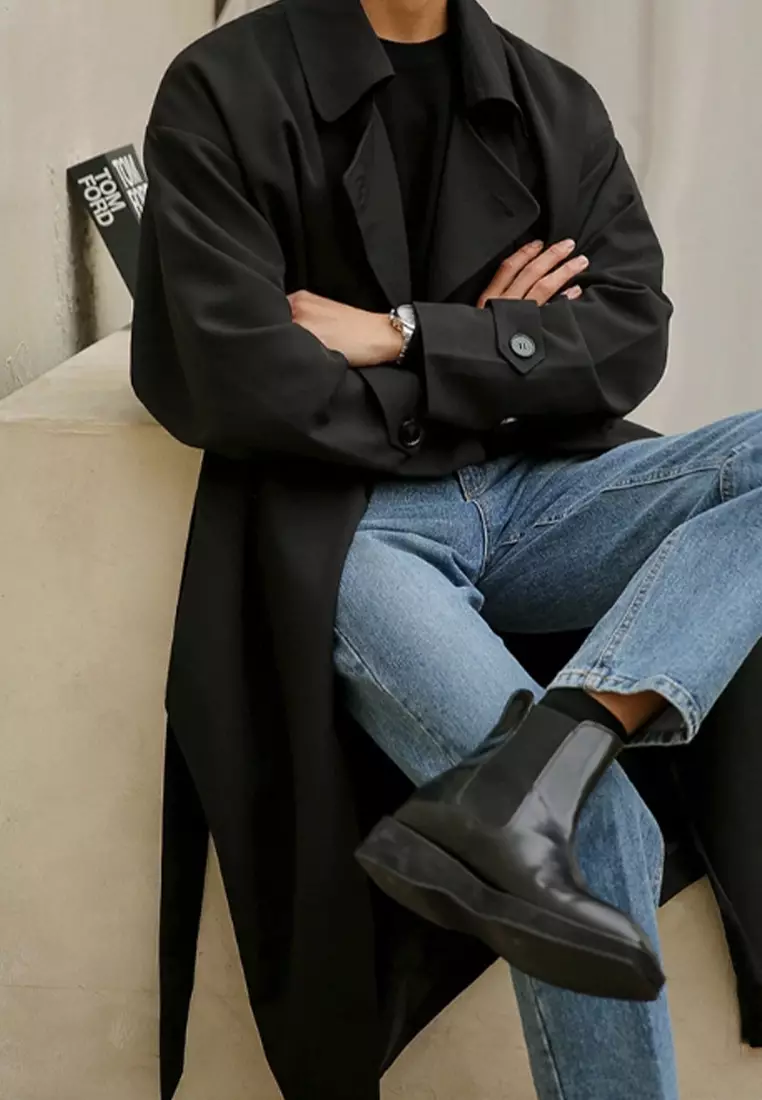 Fashion men's double breasted mid length trench coat CA091922BK-L