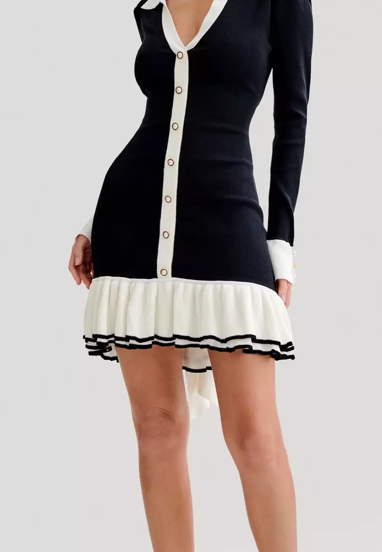 New elegant bow ruffle knitted long-sleeved women's dress K103105BK