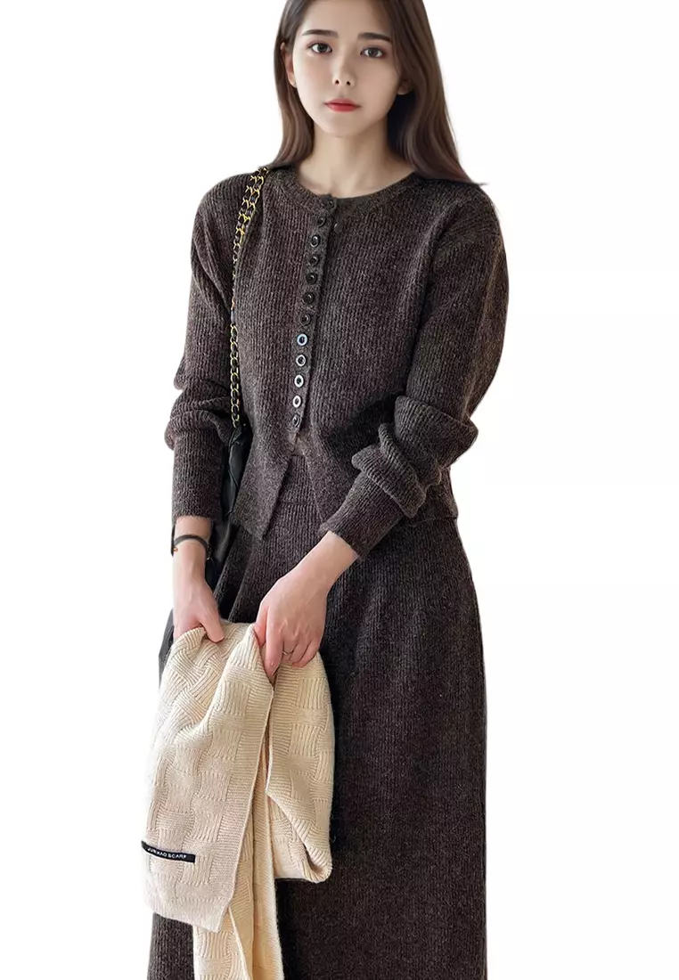French round neck sweater cardigan skirt set CA24092356GY