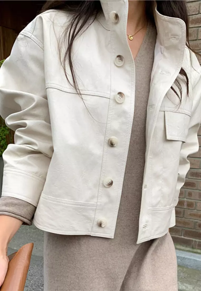 Single breasted loose leather jacket, casual cardigan jacket CA24092724BK