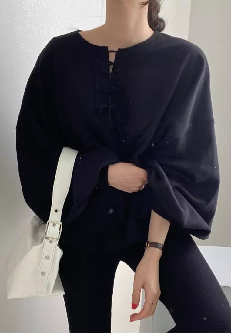 Vintage lace up lantern sleeve loose top CA24092514GY
