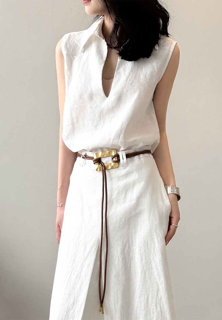 Summer Korean-Style V-Neck Shirt and Long A-Line Skirt Linen Suit CA25061784W